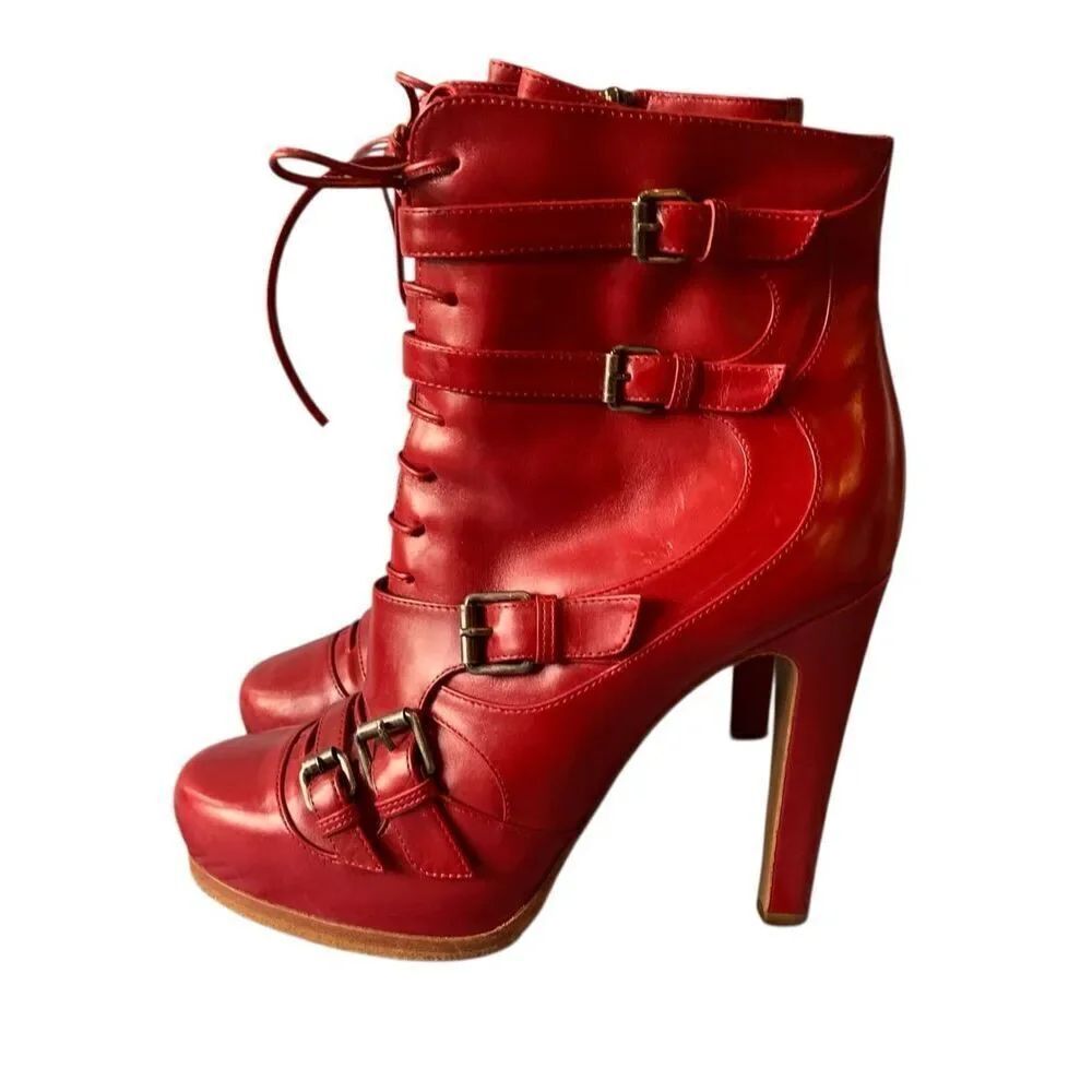 TABITHA SIMMONS RED LEATHER HEELS buckle ANKLE BOOTS sz 38 us 7.5
